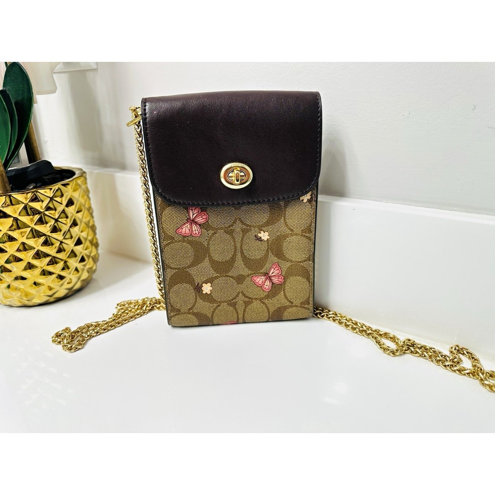 Coach Brown Pink Butterfly Crossbody Bag Turn Lock Gold Chain Detach Strap